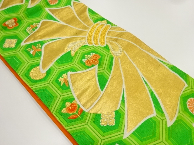 アンティーク　花亀甲に束ね熨斗模様織出し袋帯（着用可）